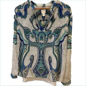 Colorful Chico’s blouse. Shades of blue on white/black geometric print. Size 2